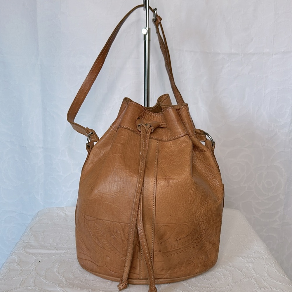 FORCE TEN boho brown handmade genuine leather floral embossed bucket handbag